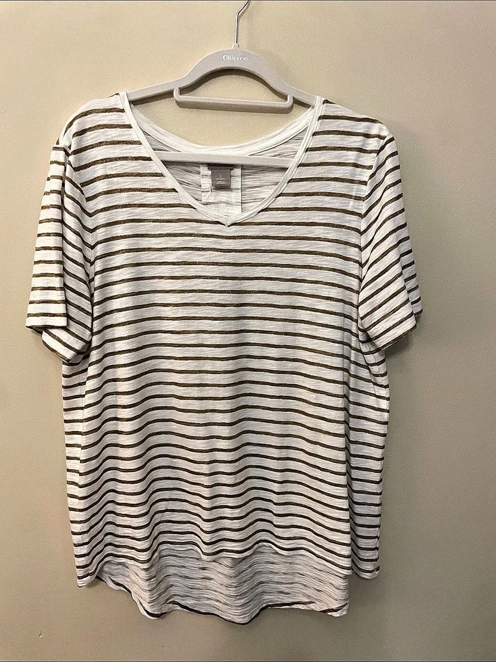 Chico's gold and white Striped Short Sleeve Top Size 2